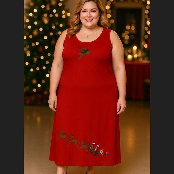 Vintage Westbound Christmas Dress 1X Red Reindeer Santa Sleigh Cotton Back Slit - Picture 1 of 15